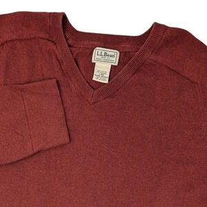 LL Bean Mens V-Neck Sweater Large Burgundy Cotton Cashmere Blend 262856